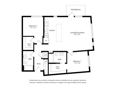 Floor plan for 2 beds, 2 baths, 1142 sqft